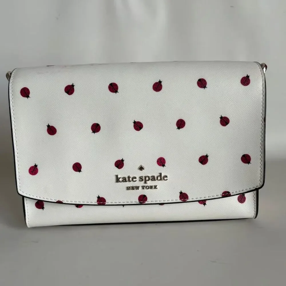 Kate Spade Ladybug Print Crossbody Bag White Saffiano Leather Chain Strap Purse